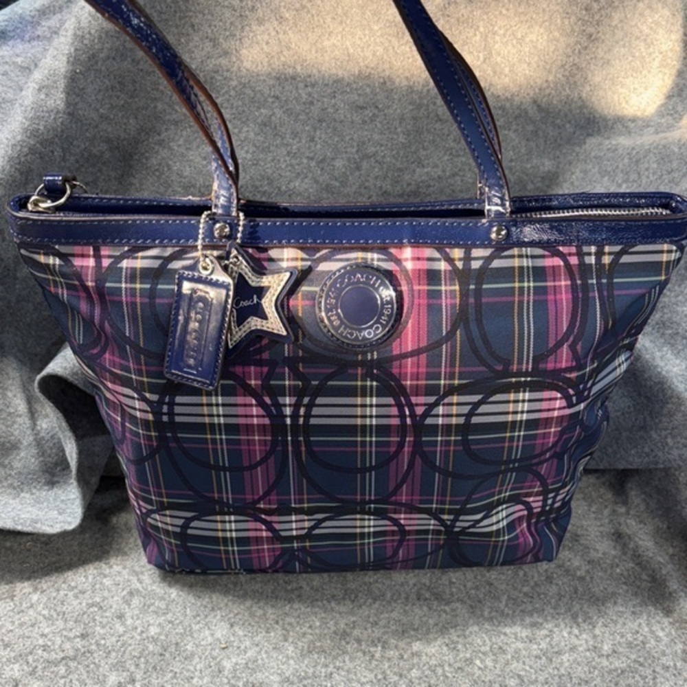 Coach Poppy leather trim Tartan Plaid Signature Bag Pink Purple Black Purse Bag